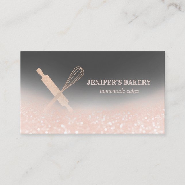 Carte De Visite Glitterie rose or rouleau pin whisky chef boulange (Devant)