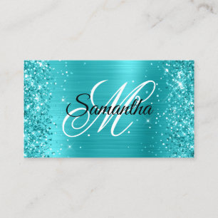 Carte De Visite Glitterie Turquoise Bleu Foil Fancy Monogramme