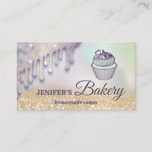 Carte De Visite Glittery gouttes cupcake chef script boulangerie (Devant)