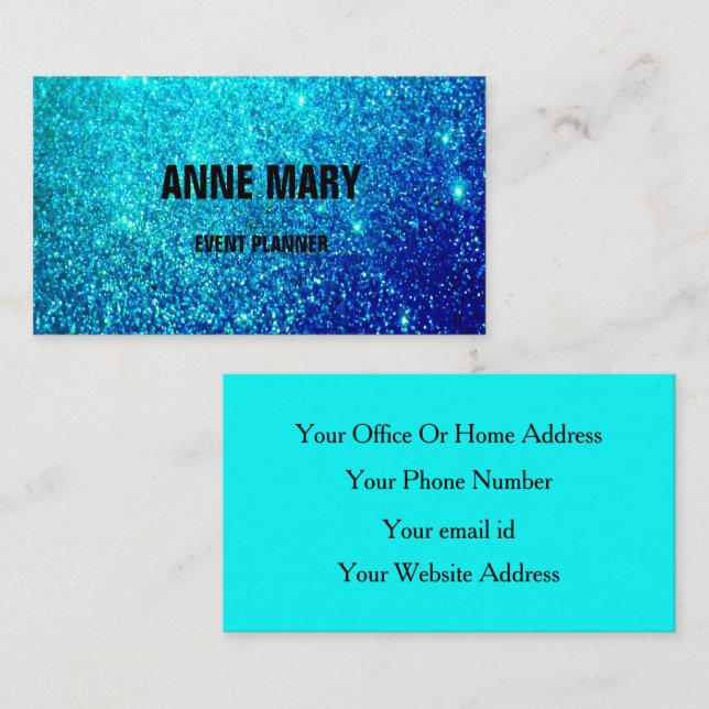 Carte De Visite  Glittery Turquoise Bleu coloré Mariage Planificat (Devant / Derrière)