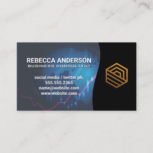 Carte De Visite Globe numérique | Logo d'entreprise moderne Gold (Devant)