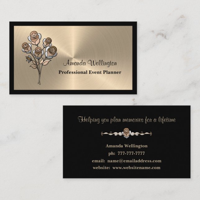 Carte De Visite Gold and Black Floral Event Planner Business Card (Devant / Derrière)