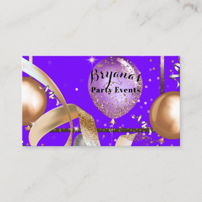 Carte De Visite Gold Balloons Purple Party Planificateur d'événeme (Devant)