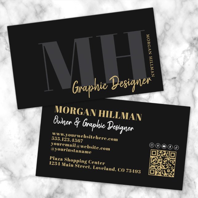 Carte De Visite Gold Black QR Code Monogramme tendance (Gold Black QR Code Trendy Monogram Business Card)