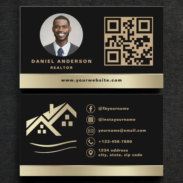 Carte De Visite Gold Black QR Code Réalisateur immobilier (Créateur téléchargé)