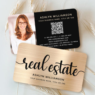 Carte De Visite Gold Black Real Estate Agent Photo QR Code Broker