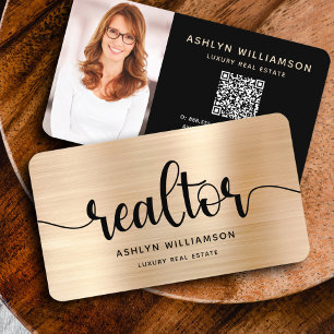 Carte De Visite Gold Black Realtor Photo QR Code Broker Agent Bold