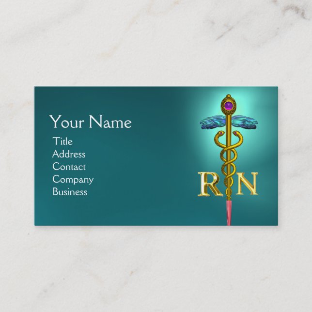 Carte De Visite GOLD CADUCEUS SYMBOLE INFIRMIÈRE ENREGISTRÉ Turquo (Devant)