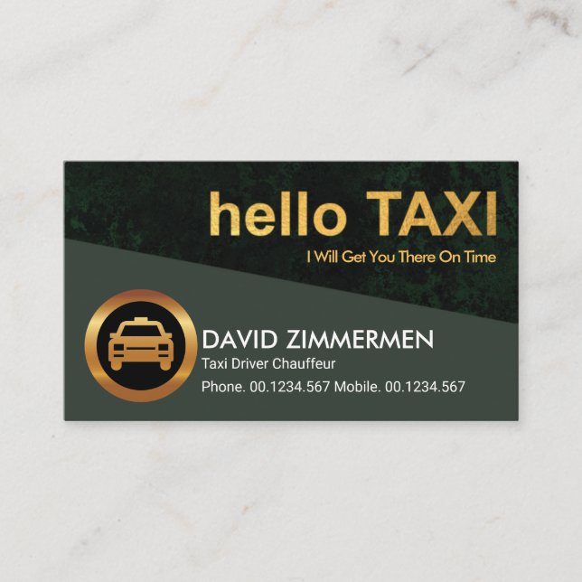 Carte De Visite Gold élégant "Hello Taxi" Green Grunge Taxi Driver (Devant)