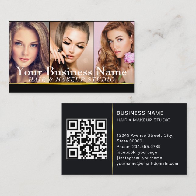 Carte De Visite Gold Fashion Maquillage Artiste Photo Showcase QR  (Devant / Derrière)