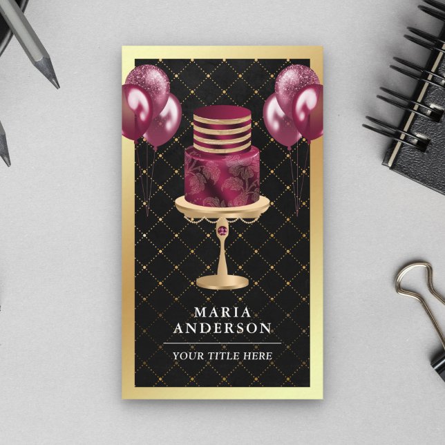 Carte De Visite Gold Foil Burgundy Cake Balloons Planificateur d'é (Créateur téléchargé)