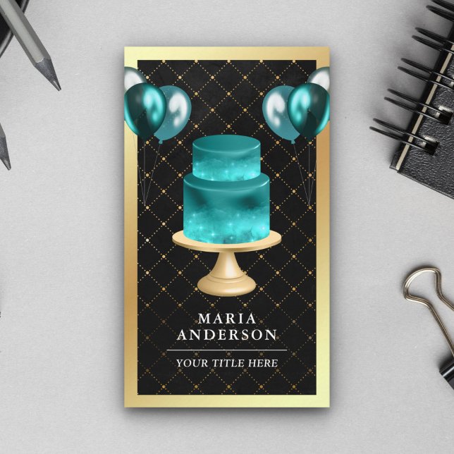 Carte De Visite Gold Foil Galaxy Turquoise Cake Balloons Planifica (Créateur téléchargé)