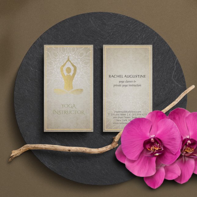 Carte De Visite Gold Foil Mandala Floral & Yoga Posture de méditat (Créateur téléchargé)