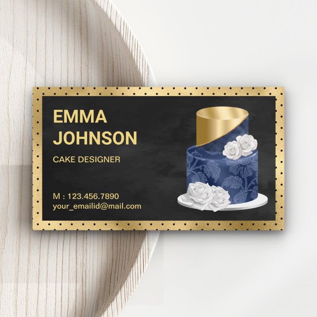 Carte De Visite Gold Foil Marine Blue Floral Gâteau Chef pâtisseri (Créateur téléchargé)