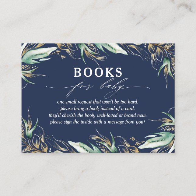 Carte De Visite Gold Greenery Navy Blue Baby Books Demande (Devant)