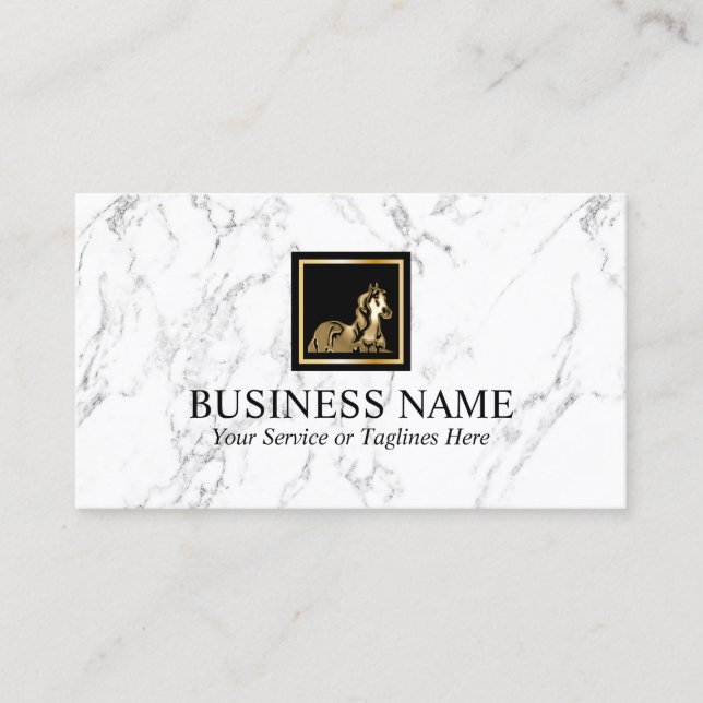 Carte De Visite Gold Horse Equine Pony Logo Marbre blanc moderne (Devant)