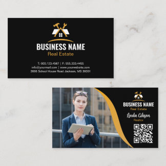 Carte De Visite Gold House Logo Realtor Marble Photo QR Code