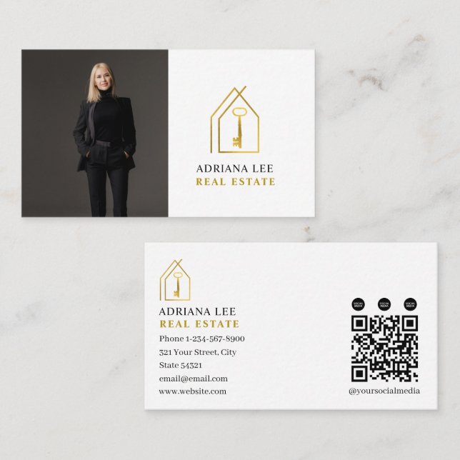 Carte De Visite Gold Key Photo Real Estate Agent QR Code White (Devant / Derrière)