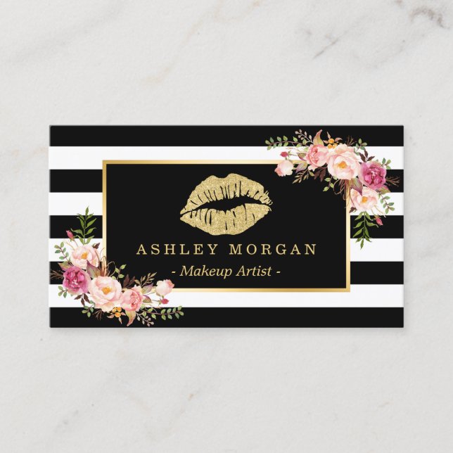 Carte De Visite Gold Lips Floral Maquillage Artiste Beauté Salon (Devant)
