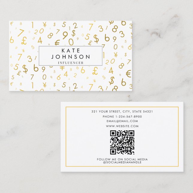 Carte De Visite Gold Luxe Numéro & Symboles de devises Influenceur (Devant / Derrière)