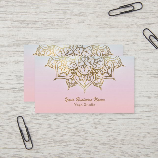 Carte De Visite Gold Mandala Peach Chic Modern Yoga Studio (Devant/Arrière en situation)