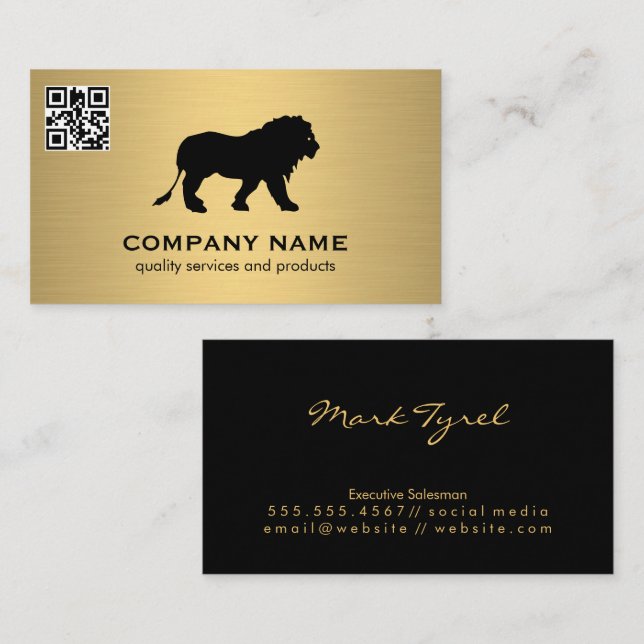 Carte De Visite Gold Metallic / Lion Icon / code QR Scan (Devant / Derrière)