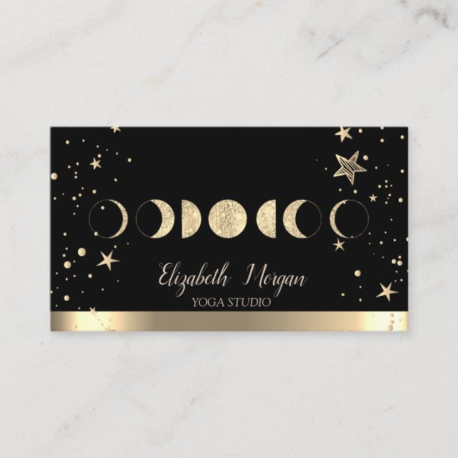 Carte De Visite Gold Moons Gold Stars Black Yoga Studio (Devant)
