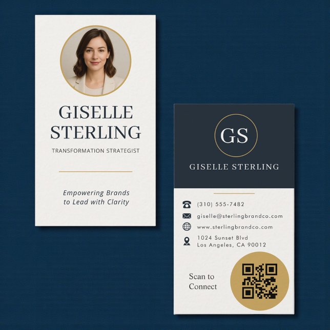 Carte De Visite Gold & Navy Blue Photo QR Code (Créateur téléchargé)