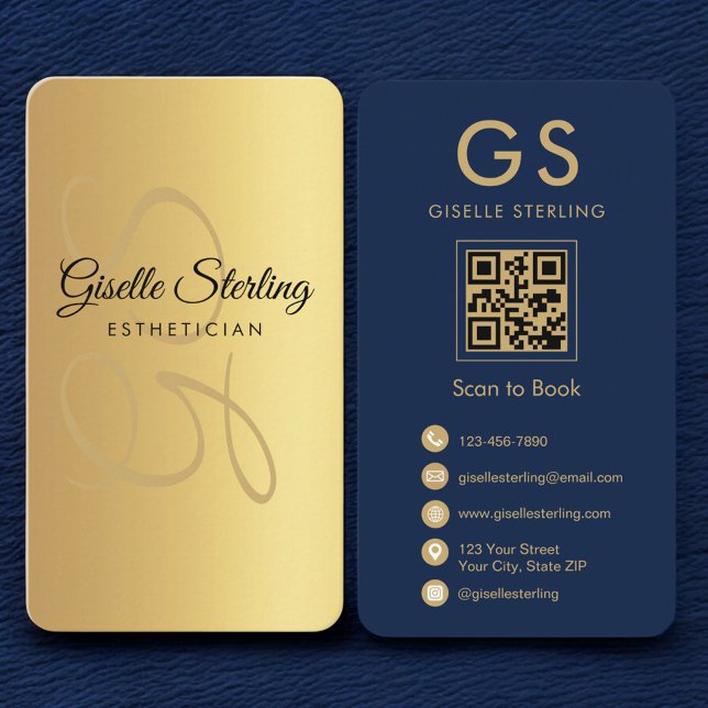 Carte De Visite Gold Navy Blue QR Code Esthétique Monogramme (Créateur téléchargé)