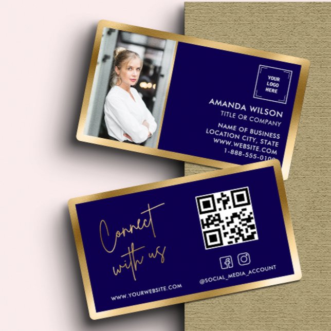 Carte De Visite GOLD NAVY Social Media QR Code Photo et logo (Créateur téléchargé)
