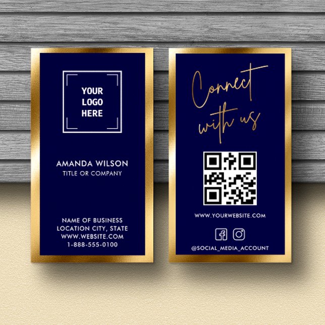 Carte De Visite GOLD NAVY Social Media QR Code Photo Professionnel (Créateur téléchargé)