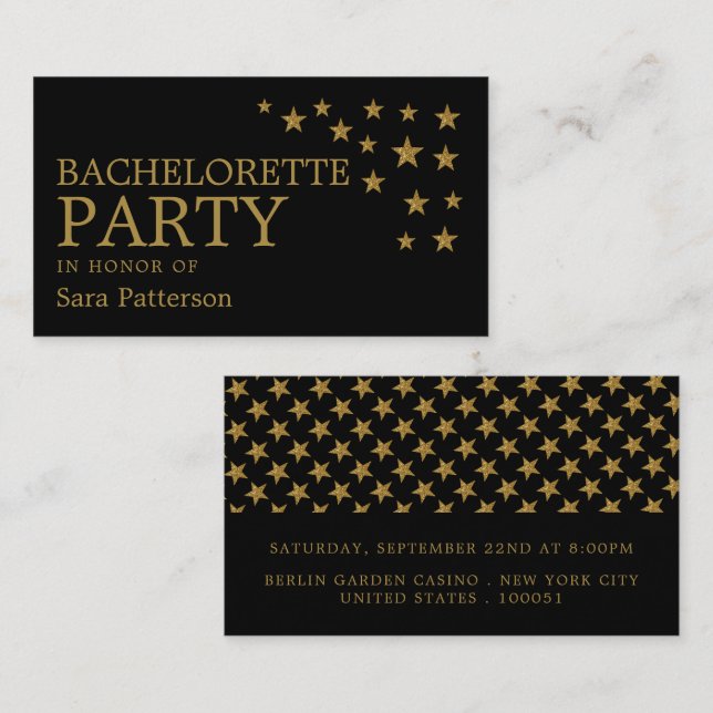 Carte De Visite Gold Parties scintillant Stars, Bachelorette Party (Devant / Derrière)