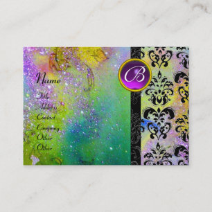 Carte De Visite GOLD PURPLE SPARKLING DAMASK MONOGRAM vert jaune