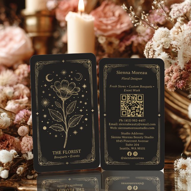 Carte De Visite Gold Retro Celestial Tarot Florist QR Code (Gold Retro Celestial Tarot Florist QR Code Business Card)