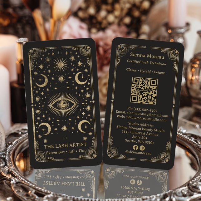 Carte De Visite Gold Retro Celestial Tarot Lash Artist QR Code (Gold Retro Celestial Tarot Lash Artist QR Code Business Card)
