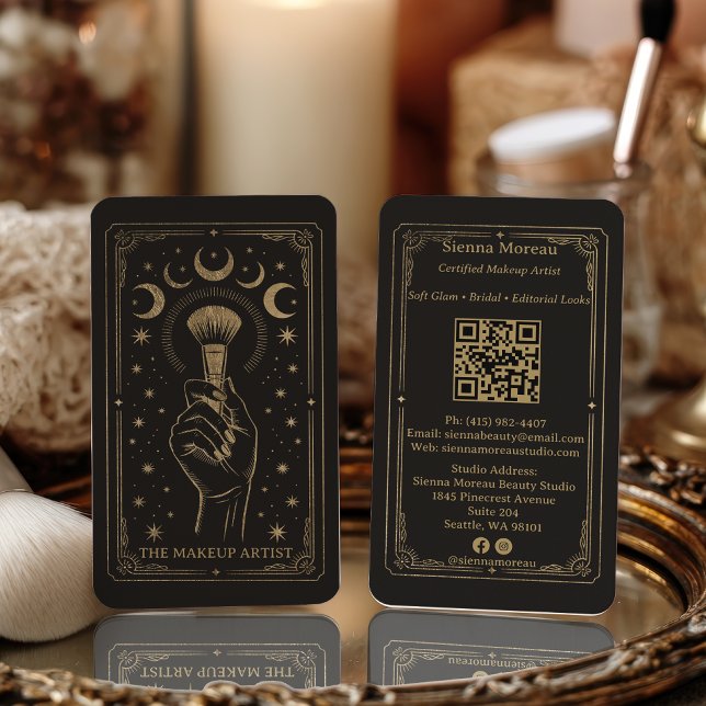 Carte De Visite Gold Retro Celestial Tarot Makeup QR Code (Gold Retro Celestial Tarot Makeup QR Code Business Card)