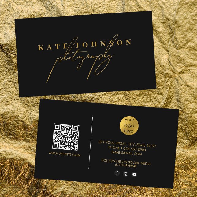 Carte De Visite Gold Signature Script QR Code Médias sociaux (Créateur téléchargé)