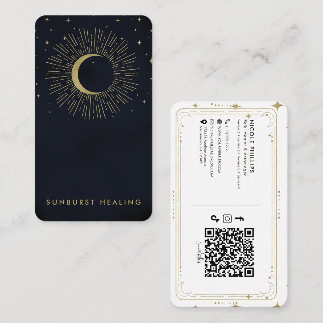Carte De Visite Gold Stars Night Celestial Sunburst Moon QR (Devant / Derrière)