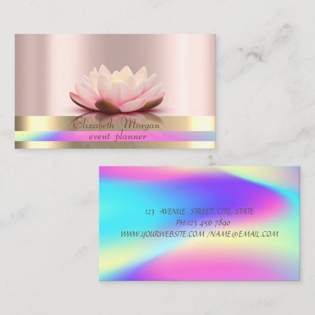 Carte De Visite Gold Stripes Ombre Holographique Lotus Rose Gold (Devant / Derrière)