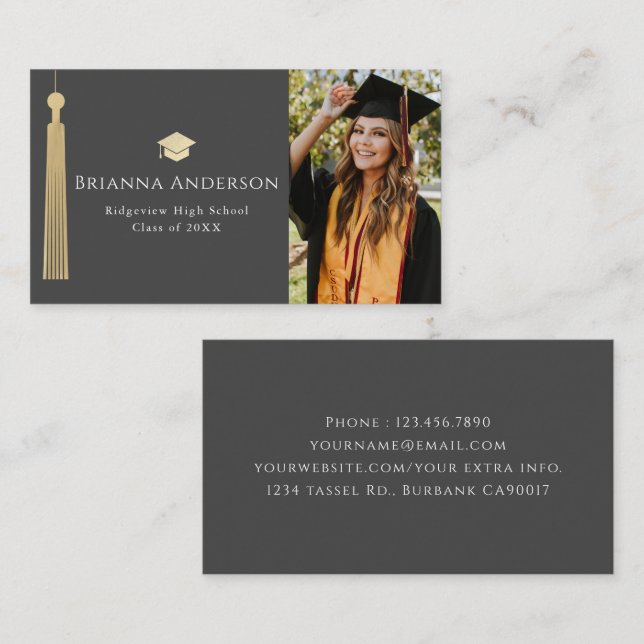 Carte De Visite Gold Tassel & Casquette Dark Grey Photo Graduation (Devant / Derrière)
