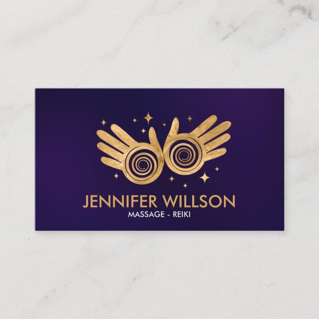 Carte De Visite Golden Healing Hands Energy Spiral sur violet (Devant)