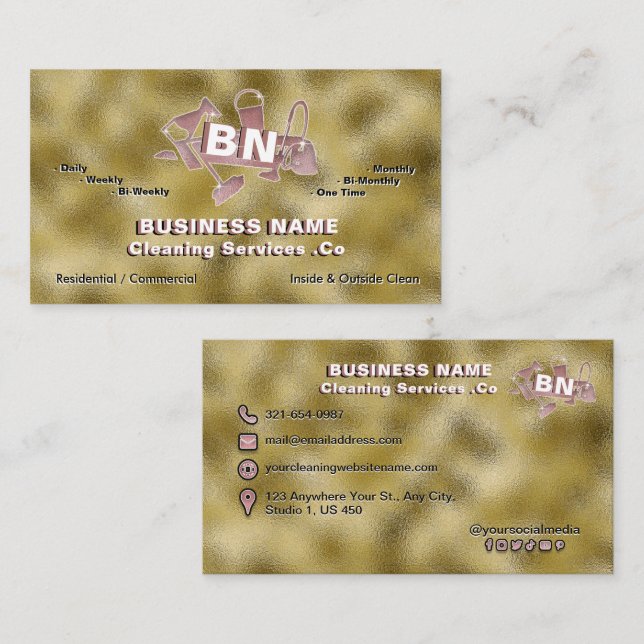Carte De Visite Golden Metallic Cleaning Services Rose Gold Logo (Devant / Derrière)