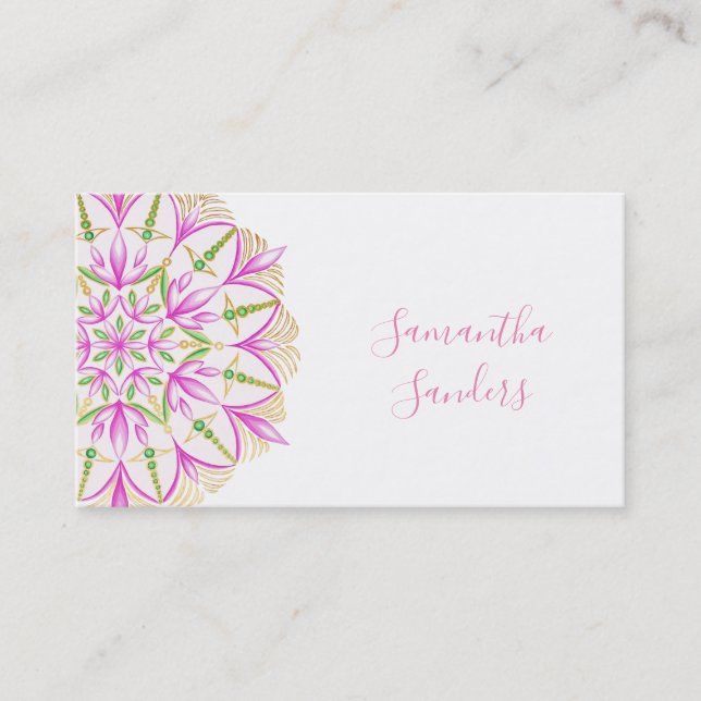 Carte De Visite Golden Pink Magnolia Mandala Feuilles verts (Devant)