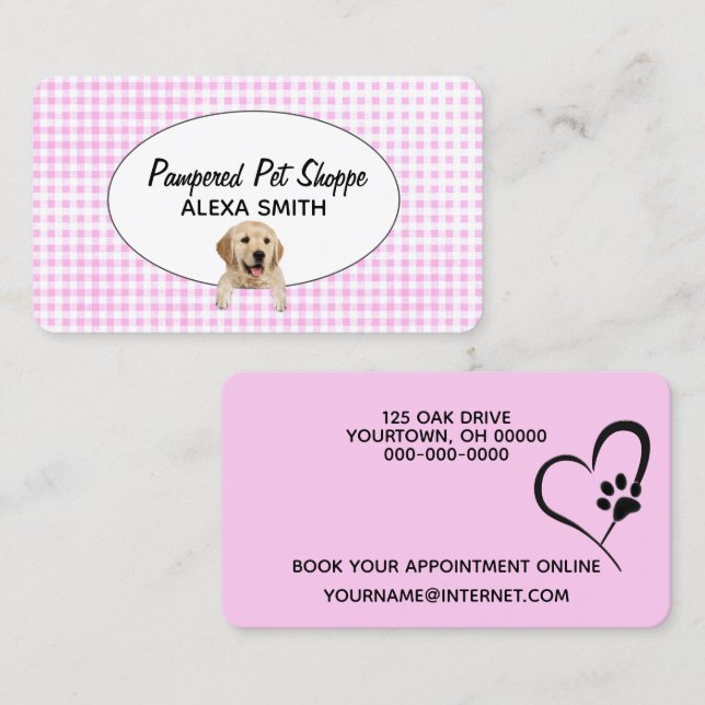 Carte De Visite Golden Retriever sur En vichy pour Pet Grooming (Devant / Derrière)