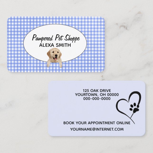 Carte De Visite Golden Retriever sur En vichy pour Pet Grooming (Devant / Derrière)