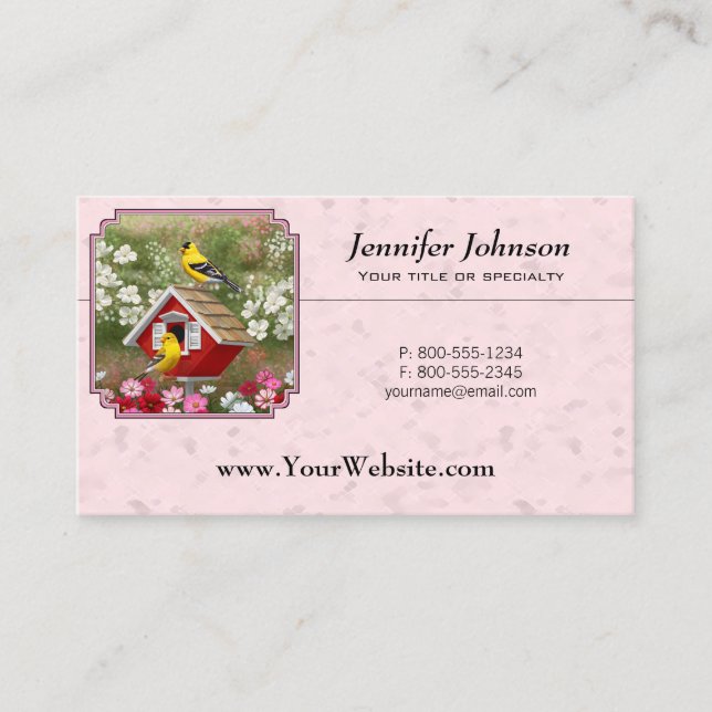 Carte De Visite Goldfinches et Red Birdhouse rose (Devant)