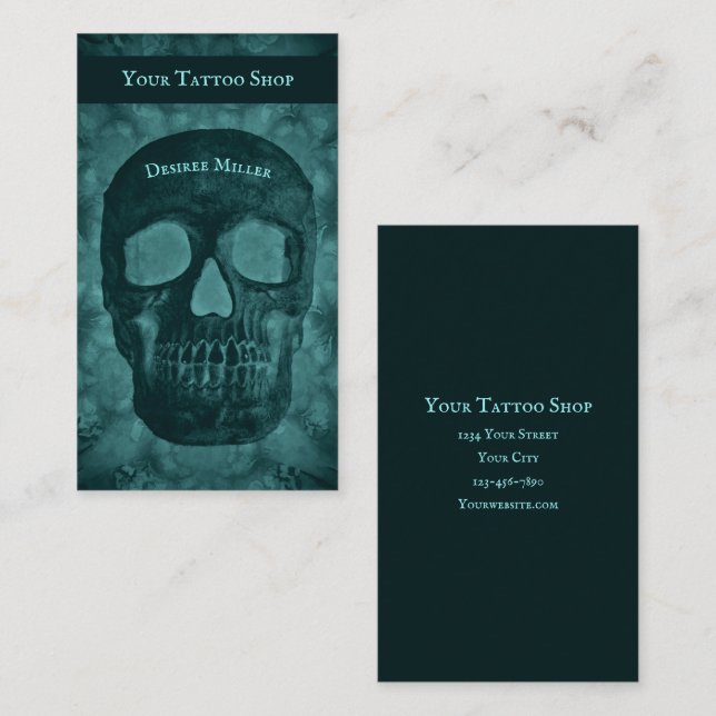 Carte De Visite Goth Dark Turquoise Skull Tattoo Shop (Devant / Derrière)