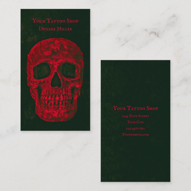 Carte De Visite Gothique Crâne Cool Rouge vert Grunge Texture (Devant / Derrière)