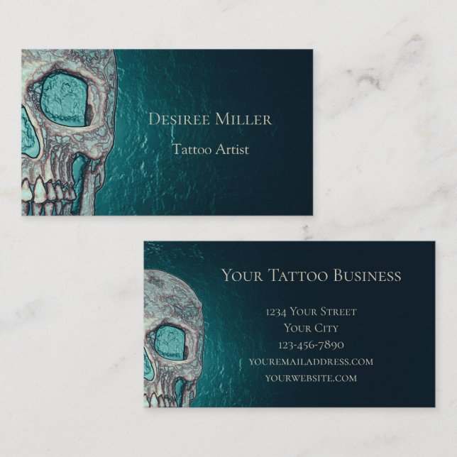 Carte De Visite Gothique Crâne visage brillant Turquoise Tatouage  (Devant / Derrière)