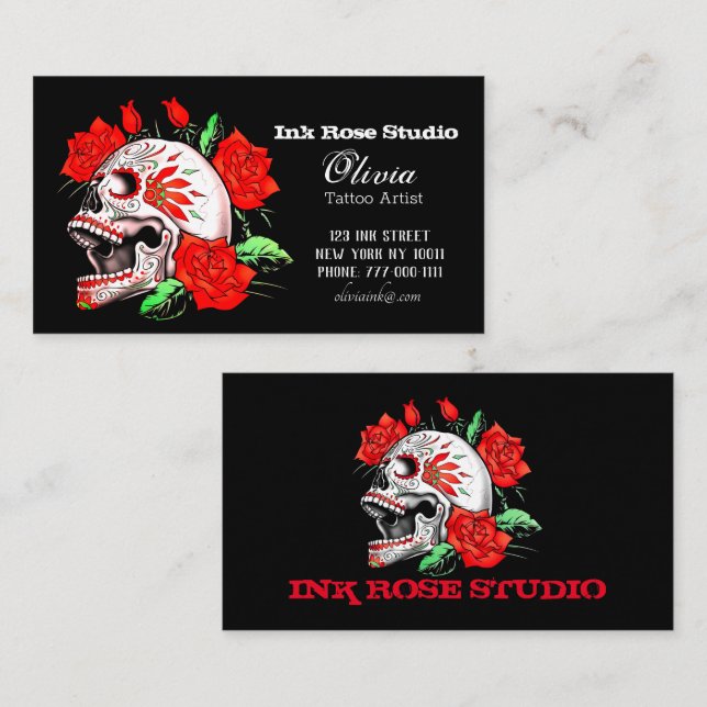 Carte De Visite Gothique Élégant Crâne Et Red Roses Studio Busines (Devant / Derrière)